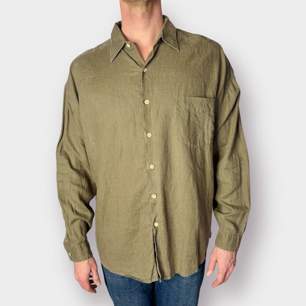 90s Structure Tan Linen Button Up Size XL‎